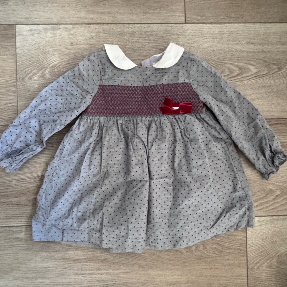 Mayoral Gray Dress with Red Velvet Bow